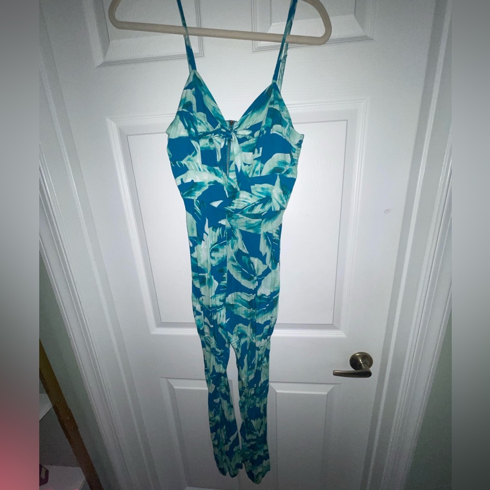 Tahari Tropical Blue and Green Palm Knotted Jumpsuit